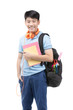 © sirikorn - Smiling little student boy in blue polo t-shirt in with books and bag.