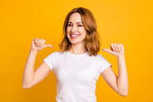 Close Up Photo Amazing Beautiful She Her Lady Thumbs Indicate Direct Chest Self-confident Toothy I Am Best Choice Choose Pick Select Me Advice Wear Casual White T-shirt Isolated Yellow Background