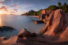 Red Granite Rocks At Sunset At Anse Source D'Argent Beach In Seychelles, Africa