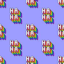 Seamless Pattern With Words “Ha-Ha” Isolated On Blue Background. Text Patches Vector Wallpaper. Funny Cartoon Comic Style.