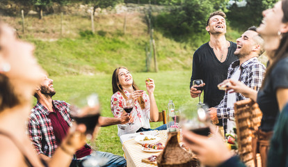 Wall Mural - Young friends having fun drinking red wine on barbecue pic nic at garden party - Happy people eating tasty meal at country side fancy restaurant - Food and beverage concept on warm afternoon filter
