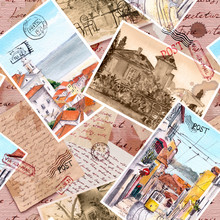 Hand Written Letters, Vintage Photo, Travel Post Cards, Postal Stamps. Repeating Retro Pattern, Aged Paper Texture