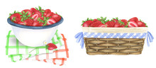 Strawberry In A Bowl , A Cup, A Jug And A Basket, Watercolor Painting. For Design Cards, Banners And Textile.