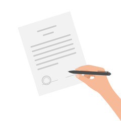 Business man hand makes out manually contract agreement. Signed treaty paper with pen, legal document symbol with stamp, documentation. Vector illustration