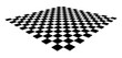 Checkerboard, chessboard, checkered plane in angle perspective. Tilted, vanishing empty floor. 3d black squares isolated on white background.