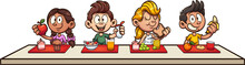 Cartoon Kids Eating Breakfast At School Clip Art. Vector Illustration With Simple Gradients. Some Elements On Separate Layers. 