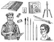 © artbalitskiy - Tools and materials of the artist for drawing in the art salon. Easel, paints, paintings, brushes, pencils. Craft creative people. Equipment in Doodle style. Engraved hand drawn sketch.