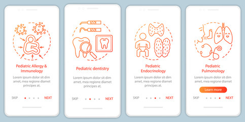 Pediatric services onboarding mobile app page screen with linear concepts