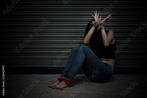 Asian Hostage Woman Bound With Rope At Night Scenethe - 