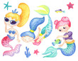 © Elya.Q - Cute mermaid characters and fish on white background. Watercolor mermaid girl. Colorful girl character.