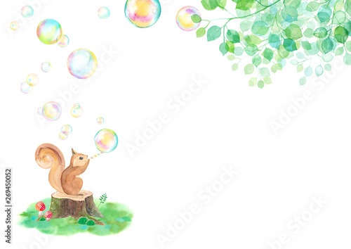 木漏れ日の中シャボン玉を吹くリス 横 水彩イラスト Buy This Stock Illustration And Explore Similar Illustrations At Adobe Stock Adobe Stock