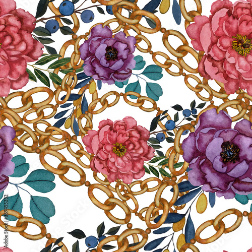 Watercolor seamless pattern with flowers and chains in vintage style. Fashion...