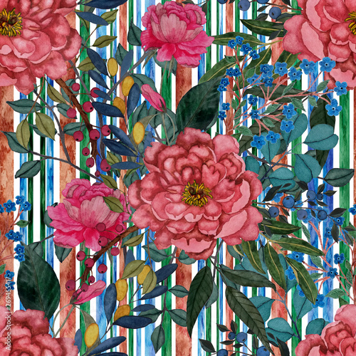 Watercolor seamless pattern with flowers on stripe print. Vintage floral patt...