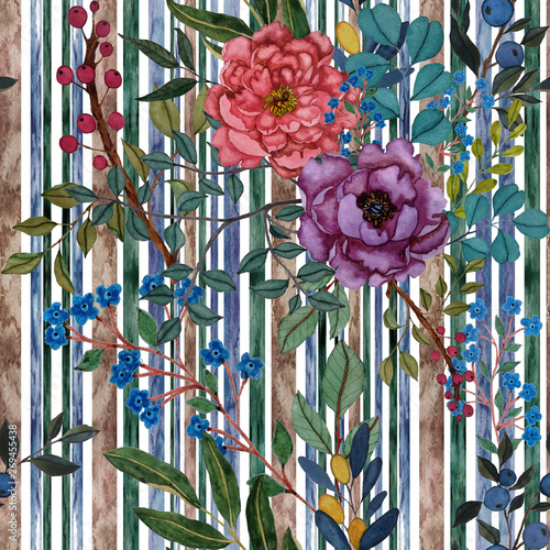 Watercolor seamless pattern with flowers on stripe print. Vintage floral patt...