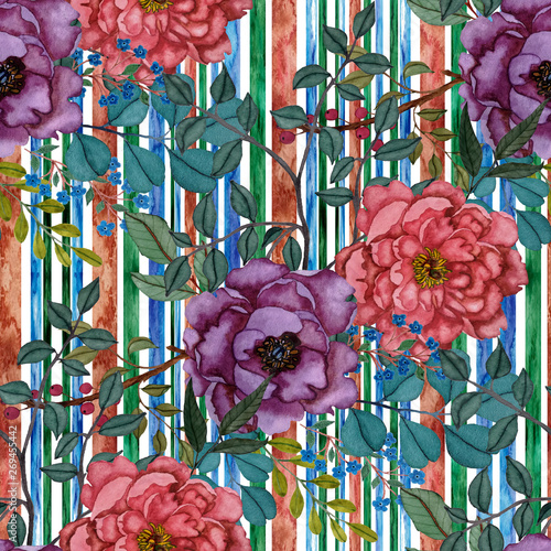 Watercolor seamless pattern with flowers on stripe print. Vintage floral patt...