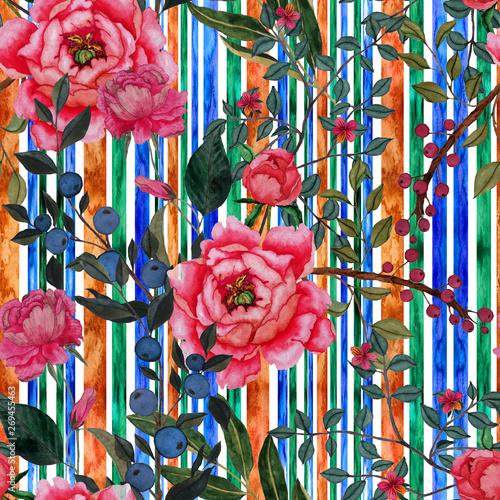 Watercolor seamless pattern with flowers on stripe print. Vintage floral patt...