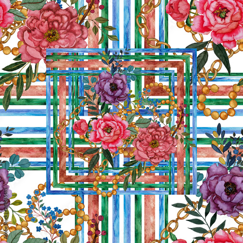 Watercolor seamless pattern with flowers on striped frame. Vintage floral pat...