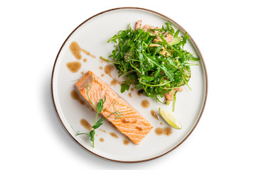 Wall Mural - Steamed salmon with arugula and shrimps garnish