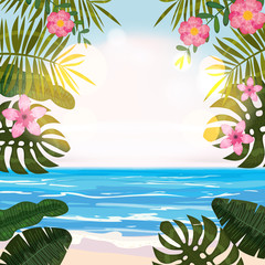 Wall Mural - Summer tropical background with exotic floral plants leaves palm, beach ocean seashore