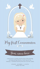 Sticker - My first communion invitation. Beautiful girl with communion dress and cute frame