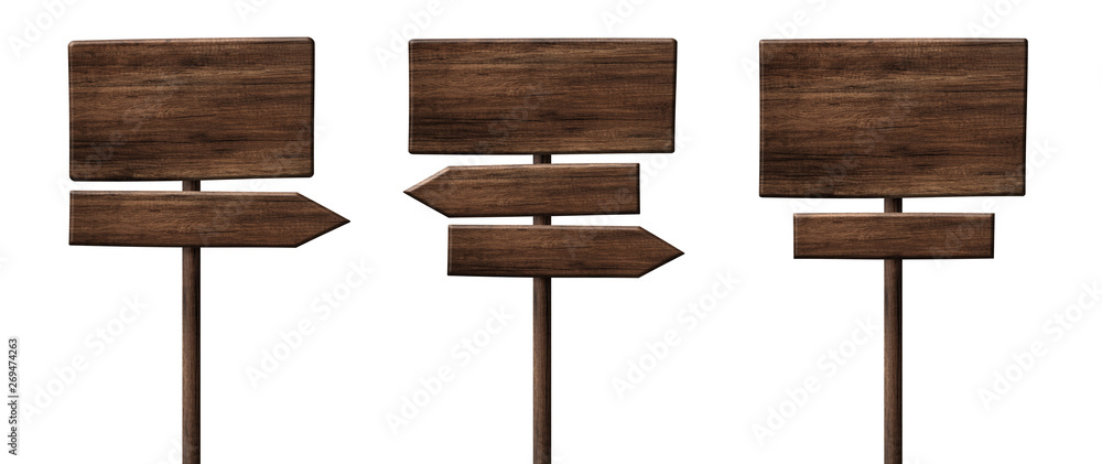 Different wooden direction arrow signposts or roadsigns made of dark wood - obrazy, fototapety, plakaty 