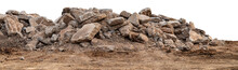 Isolated Views Of Concrete Debris Piles On The Ground.