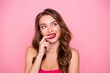 © deagreez - Close up photo amazing beautiful she her lady think over ponder pensive look sly side empty space hand arm white teeth wear cute shiny colorful dress isolated pink rose bright vivid background