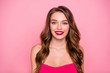 © deagreez - Close up photo amazing beautiful she her lady attractive show ideal white teeth plump allure rose lips pomade lipstick wear cute shiny colorful dress isolated pink rose bright vivid background