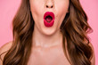 Cropped close up photo amazing beautiful she her lady attractive show ideal plump allure rose lips o shape figure form hide eyes wear shiny colorful dress isolated pink rose bright vivid background