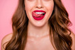 © deagreez - Cropped close up photo amazing beautiful she her lady tongue out mouth coquettish show ideal plump allure rose lips hide eyes wear shiny colorful dress isolated pink rose bright vivid background