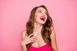 © deagreez - Close up photo beautiful she her lady open mouth hear funky humorous story hand arm chest perfect white teeth wear cute shiny colorful formal-wear dress isolated pink rose bright vivid background