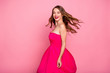 © deagreez - Close up side profile photo beautiful she her dancing prom queen lady wind flight blow air skirt plump allure rose lips graduation party wear cute shiny colorful dress isolated pink bright background