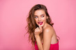 © deagreez - Close up side profile photo amazing beautiful she her wondered lady attractive appearance finger touch plump allure rose lips pomade lipstick wear cute colorful dress isolated pink bright background