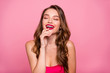 © deagreez - Close up photo beautiful she her lady open mouth hear humorous story hand arm touch lip eyes closed overjoyed wear cute shiny colorful formal-wear dress isolated pink rose bright vivid background