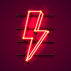 Wall Mural - Neon sign of lightning signboard on the red background.