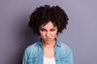 Close up photo attractive lady disappointed frown aggressive offense have quarrel argument dont want communicate rage frustrated irritated dressed denim fashionable clothing isolated argent background