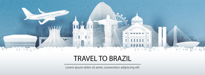Fototapete - Travel advertising with travel to Brazil concept with panorama view of Rio de Janeiro city skyline and world famous landmarks in paper cut style vector illustration.