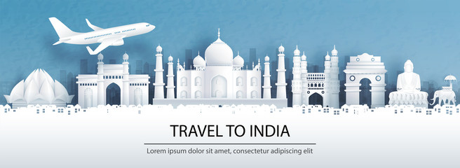 Fototapete - Travel advertising with travel to India concept with panorama view of Agra city skyline and world famous landmarks in paper cut style vector illustration.