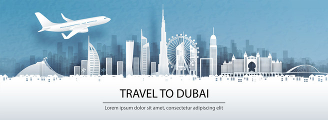 Wall Mural - Travel advertising with travel to Dubai concept with panorama view of city skyline and world famous landmarks in paper cut style vector illustration.