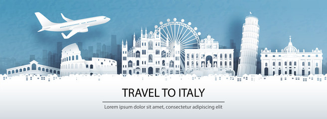 Fototapete - Travel advertising with travel to Italy concept with panorama view of city skyline and world famous landmarks in paper cut style vector illustration.