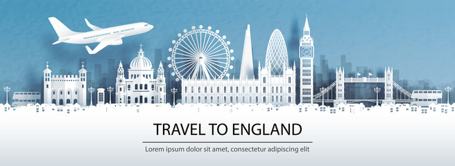Wall Mural - Travel advertising with travel to England concept with panorama view of London city skyline and world famous landmarks in paper cut style vector illustration.