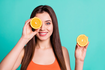 Sticker - Close up photo beautiful amazing her she lady hold arms hide one eye citrus useful slices products advertising nutrition freshness wear casual orange tank-top isolated bright teal turquoise background