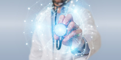 Fototapete - Doctor using Europe map globe network hologram 3D rendering