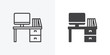 © alekseyvanin - Office workspace desk icon. Computer table with folders line and glyph version, outline and filled vector sign. linear and full pictogram. Symbol, logo illustration. Different style icons set