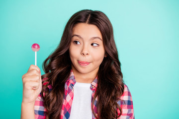 Poster - Close up photo of lovely pretty funny funky kid hold hand sugary temptation want dressed fashionable trendy stylish plaid clothing positive cheerful candid isolated teal background