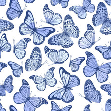 Vintage Seamless Pattern With Watercolor Butterflies On White Background
