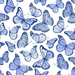 Vintage seamless pattern with watercolor butterflies on white background