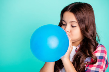 Poster - Close-up portrait of her she nice attractive cute charming wavy-haired girl in checked shirt blowing festive baloon fest isolated on bright vivid shine green blue turquoise background