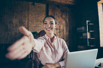 Portrait of her she nice attractive confident smart cheerful cheery lady specialist ceo boss chief director at modern industrial loft interior style work place station indoors