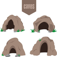 Simple Cave Entrance Icons Set With Some Grass